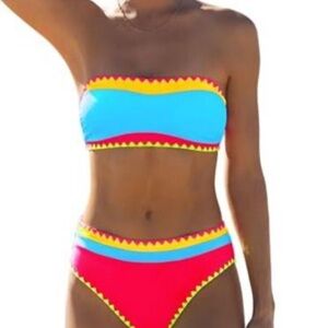Colorblock Bandeau Bikini Set in Blue, Red & Yellow - Women Swim